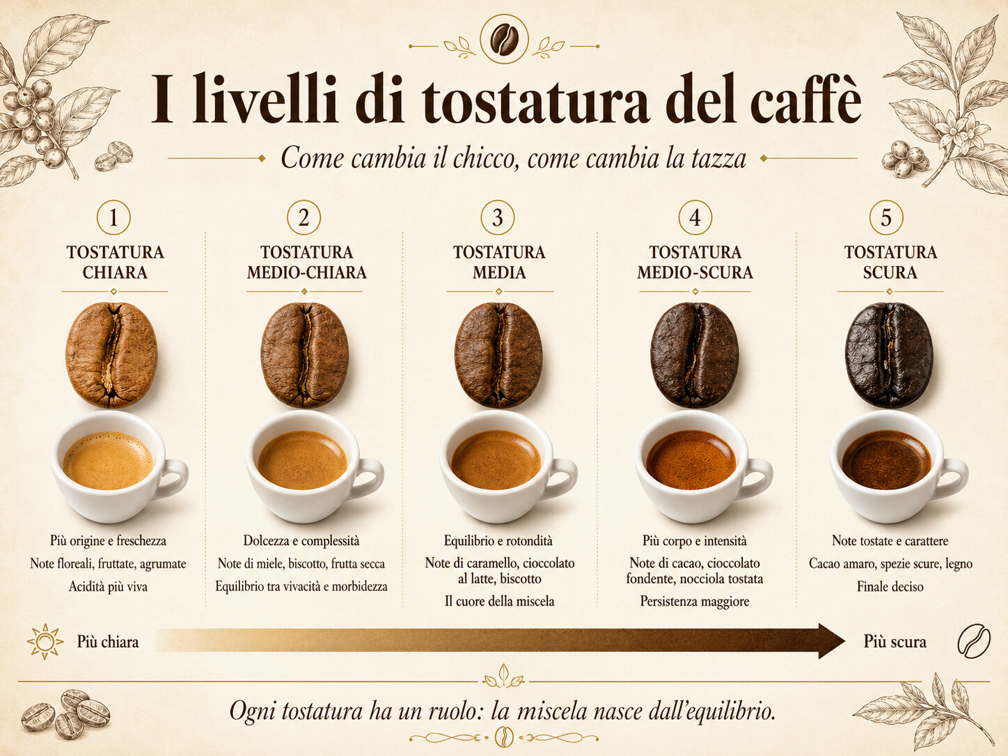 i cinque livelli di tostatura del caffè, da chiara a scura